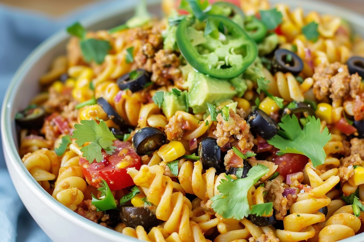 Taco Pasta Salad with Avocado Dressing