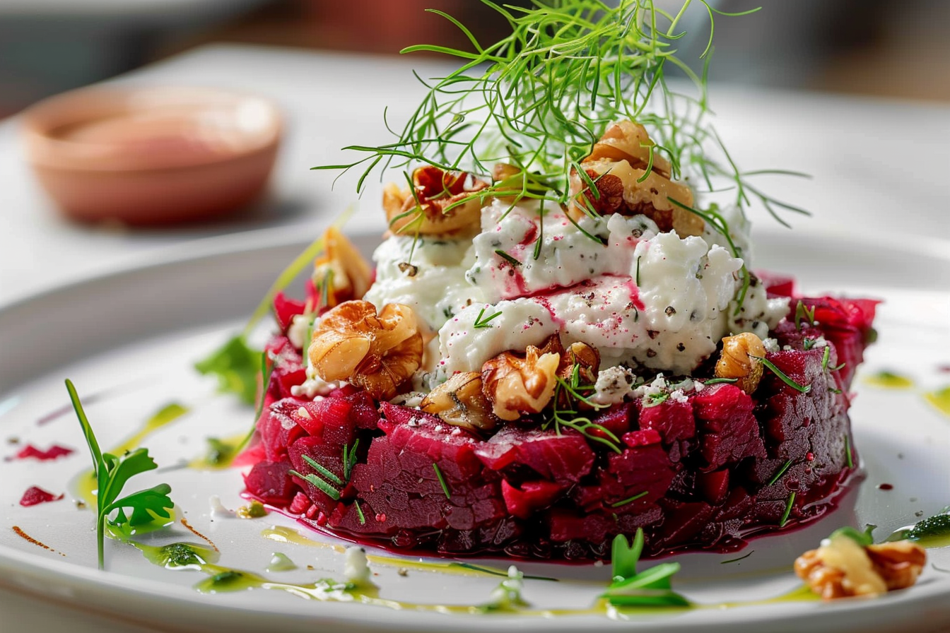 Ruby Beetroot Tartare with Whipped Goat Cheese & Walnut-Dill Crunch