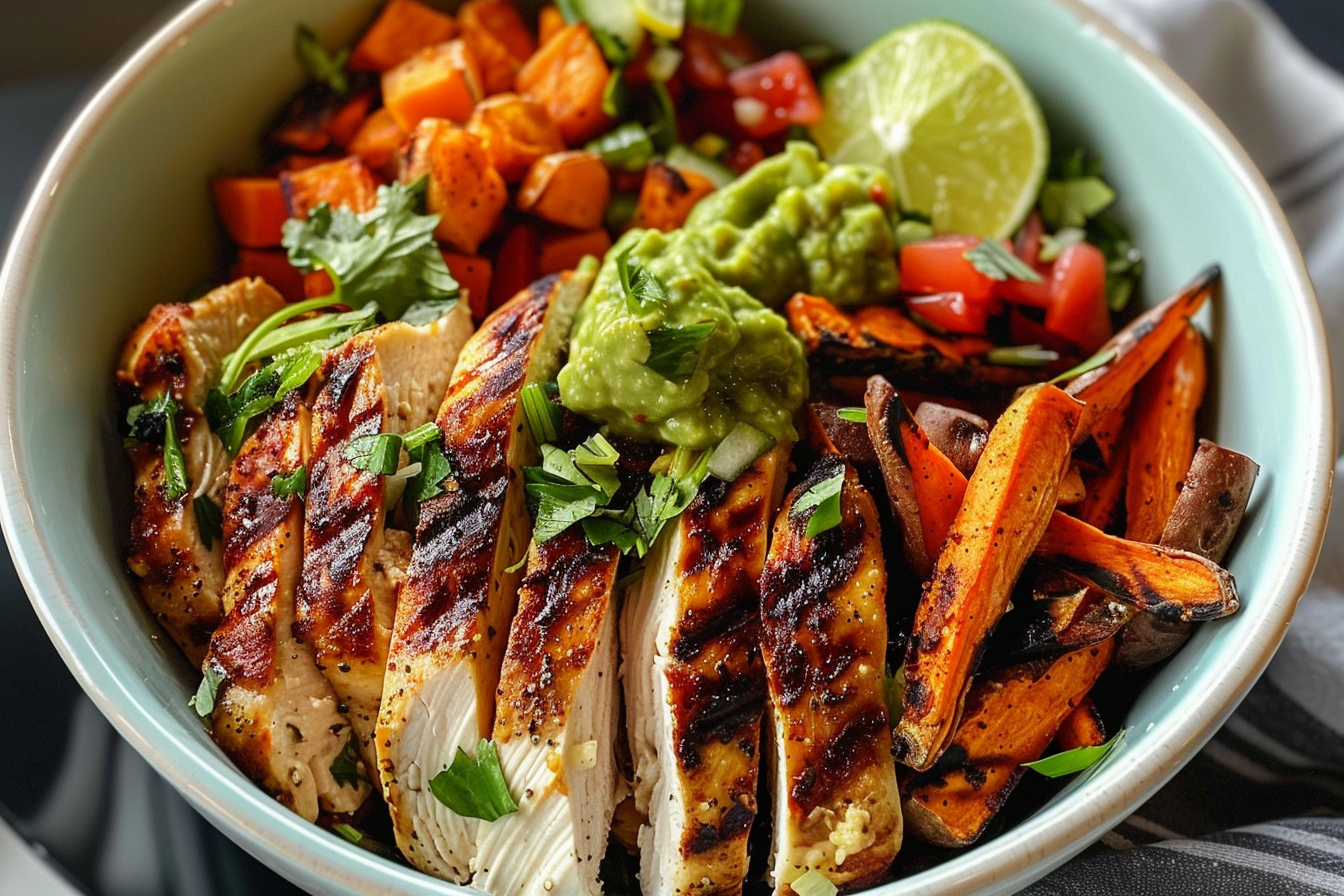 Epic Grilled Chicken Bowl with Sweet Potato Fries and Guac