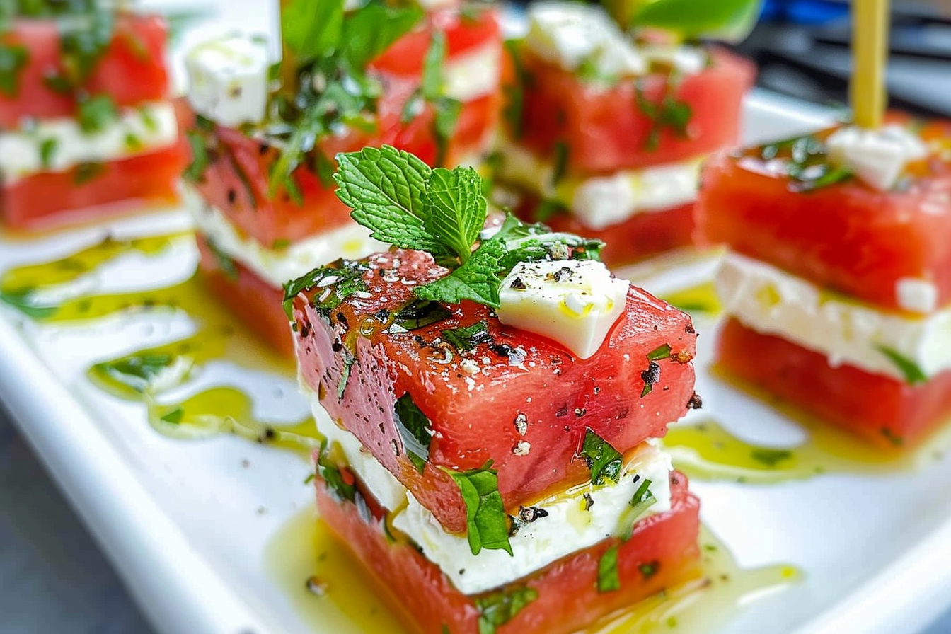 Grilled Watermelon & Feta Bites with Mint Lime Drizzle