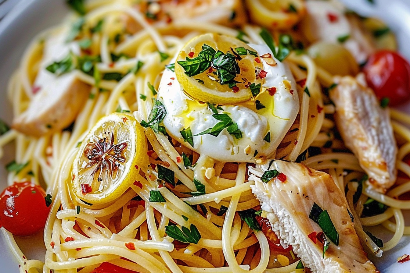 Chicken Spaghetti with Burrata & Lemon Butter Garlic Sauce
