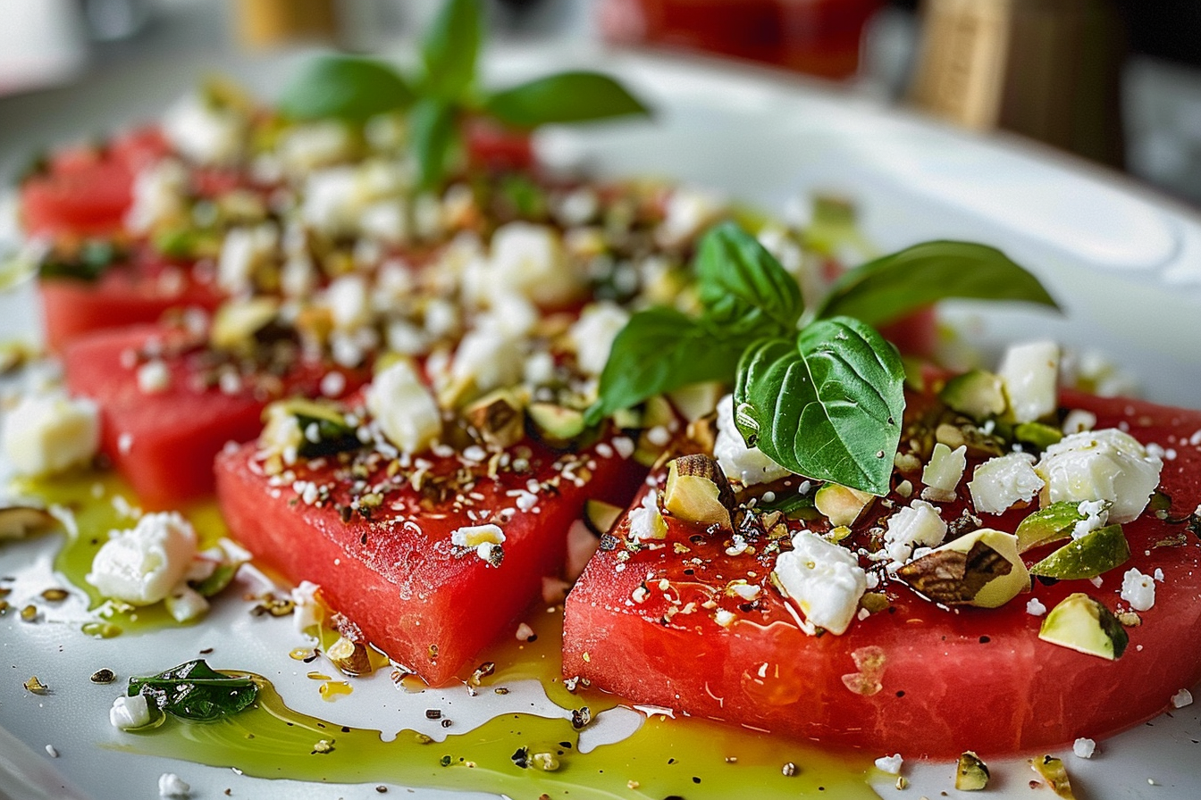 Watermelon Carpaccio with Feta-Basil-Pistachio
