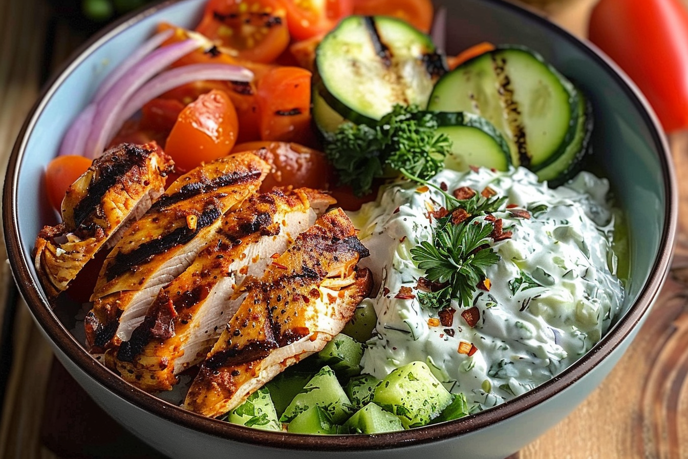 Grilled Chicken Veggie Bowl with Tzatziki