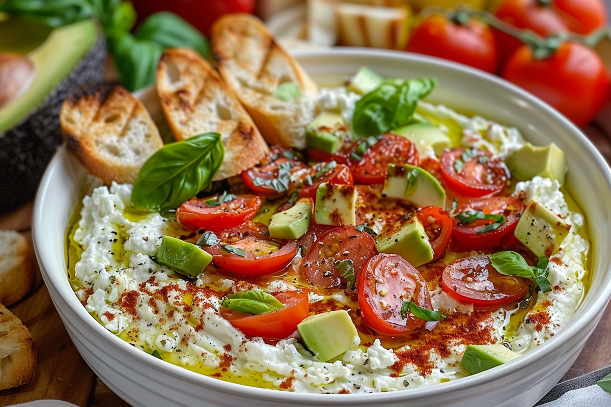 Creamy Caprese Bruschetta Dip with Avocado & Ricotta