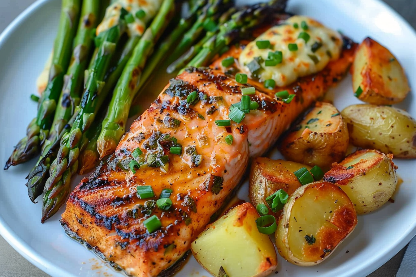 Bold Spiced Salmon with Garlic Butter Potatoes & Cheesy Asparagus Perfection