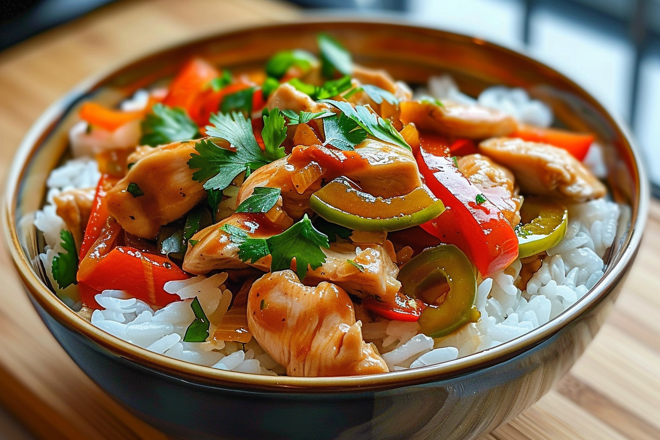 Spicy Garlic Chicken Stir-Fry Bowl with Bell Peppers and Rice