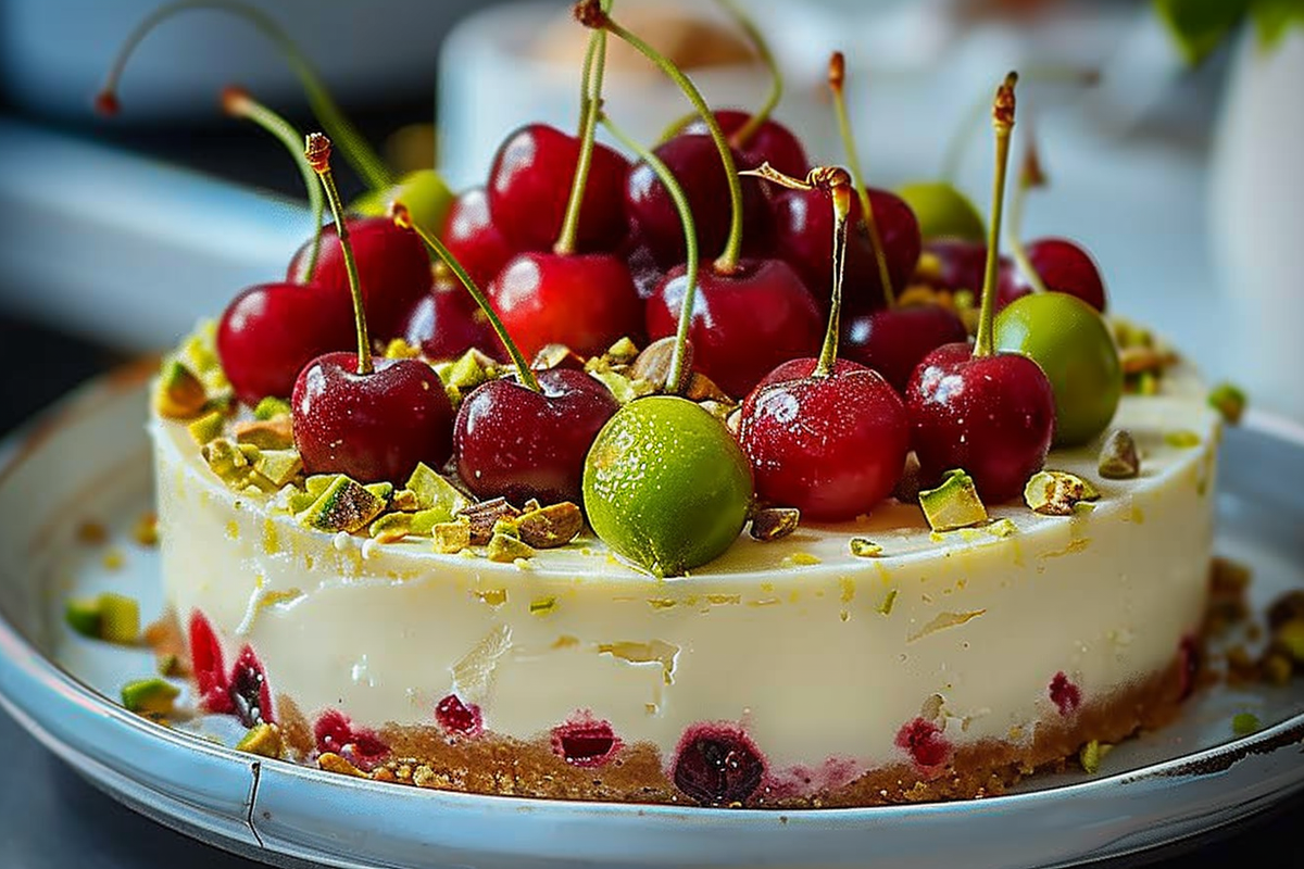 Zesty Lemon Lime Cherry Pistachio Cheesecake