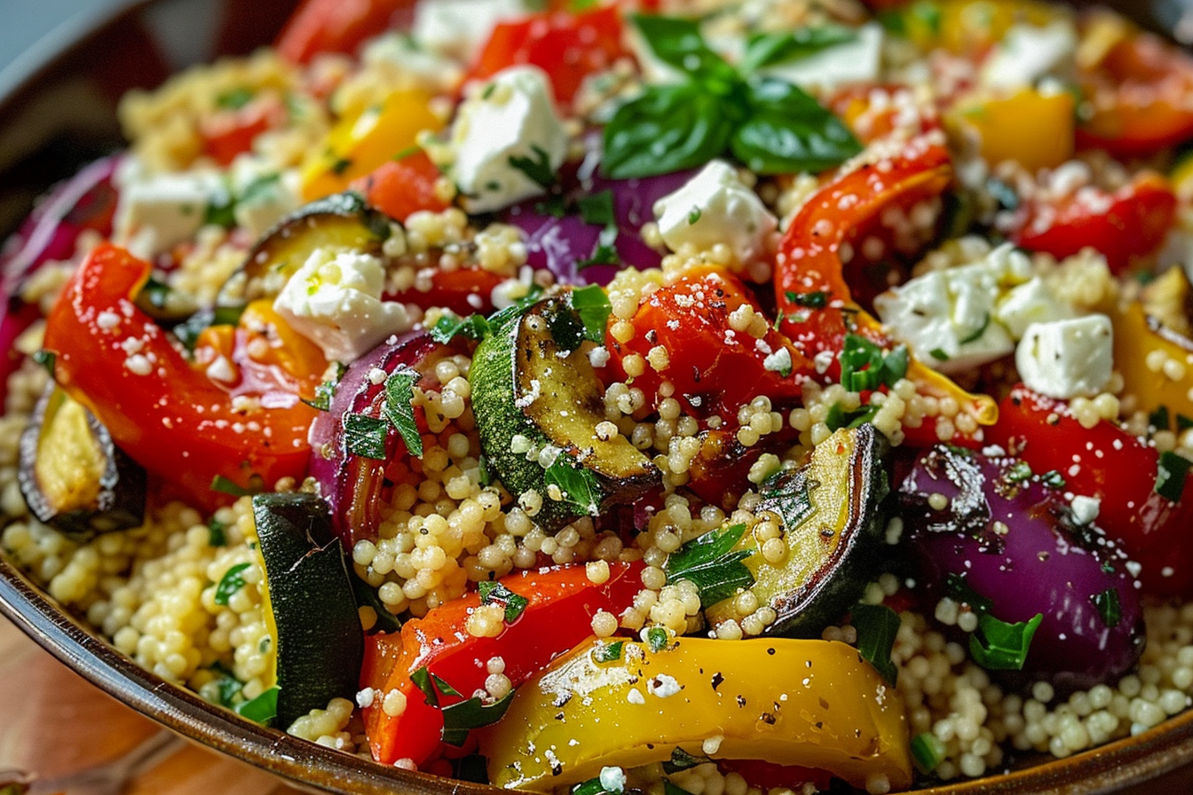 Mediterranean Cold Couscous Salad with Roasted Veggies and Feta