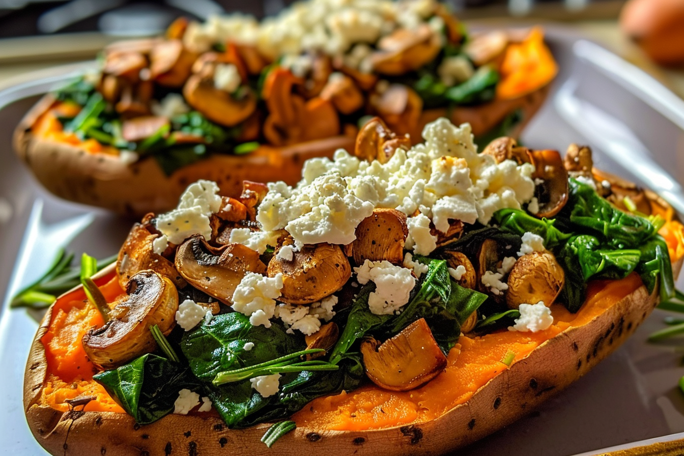 Stuffed Sweet Potatoes with Spinach Mushroom Feta and Rosemary