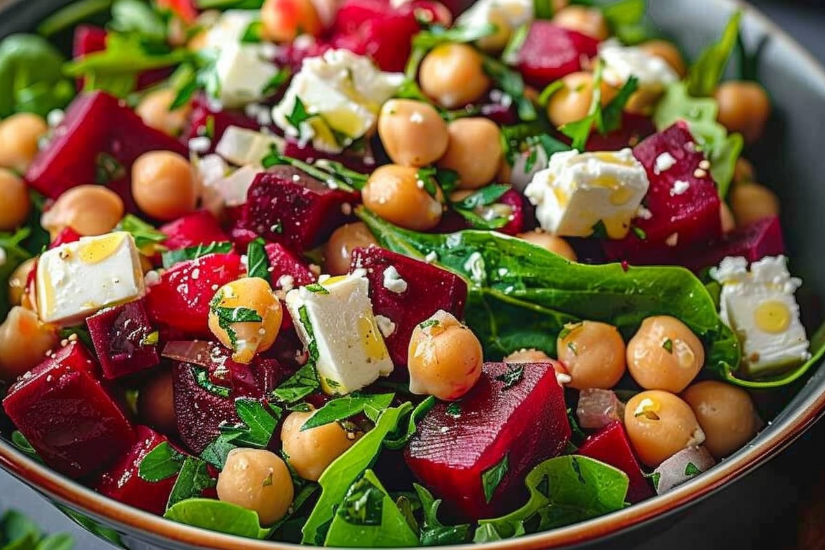 Chickpea Beet and Feta Salad with Lemon Garlic Vinaigrette