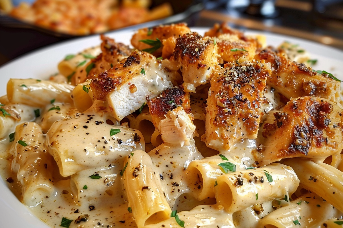 Cajun Chicken Rigatoni in Creamy Mozzarella Garlic Alfredo