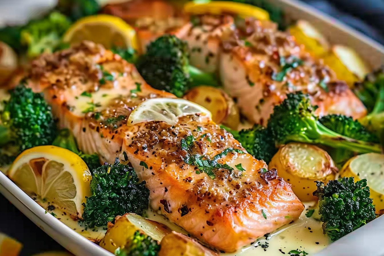 Lemon Butter Salmon with Crispy Potatoes and Broccoli