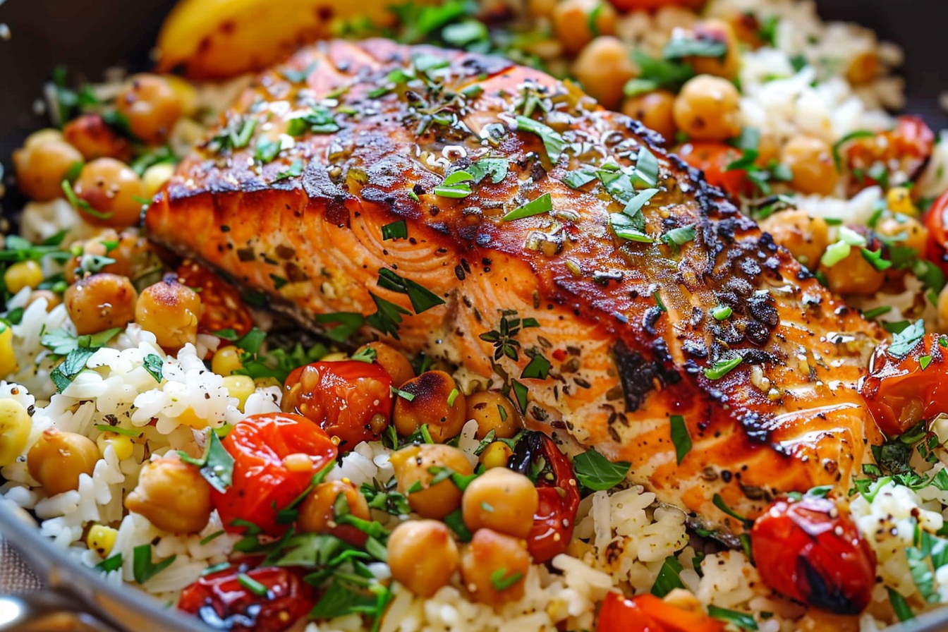 Mediterranean Salmon with Rice and Chickpeas
