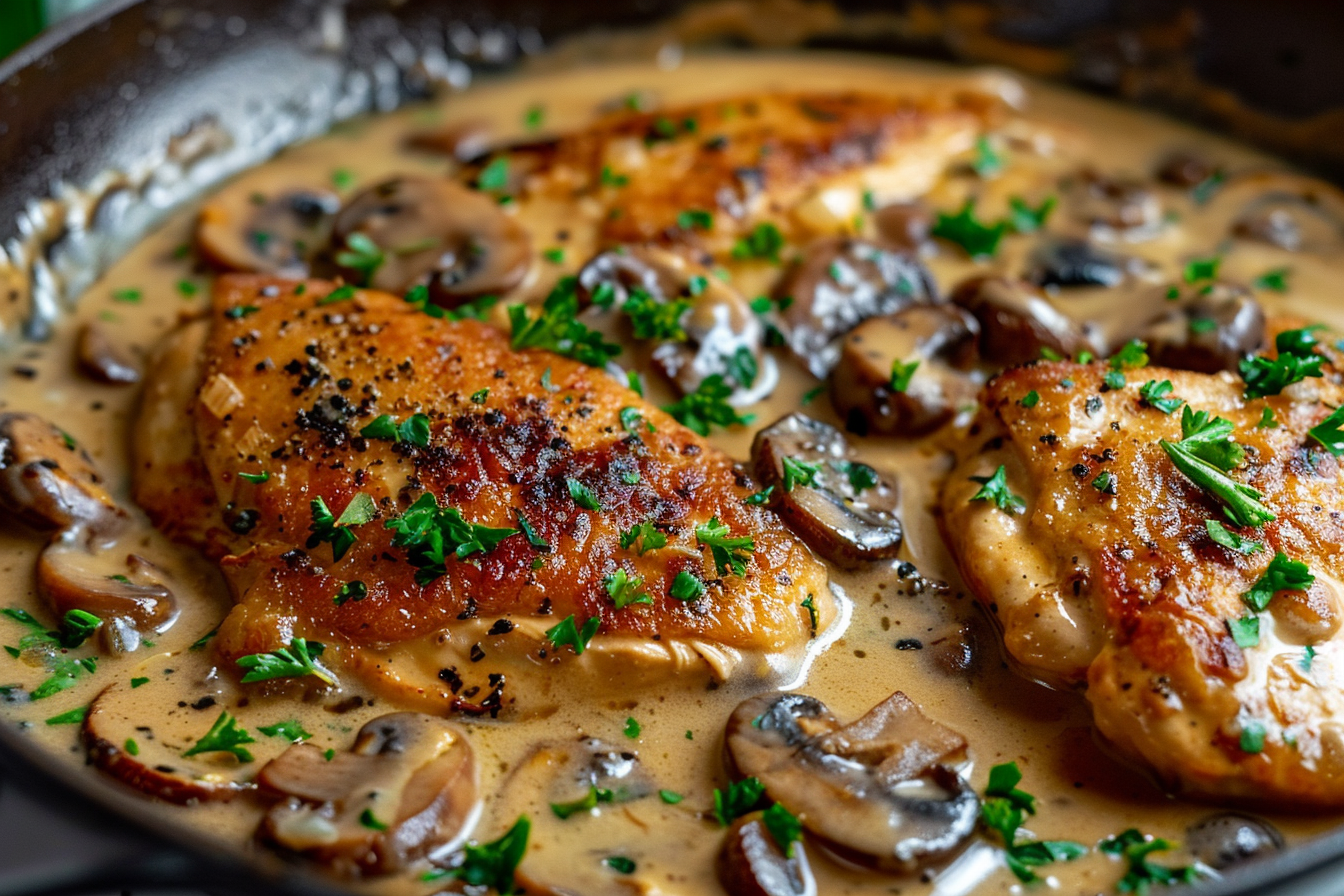 Creamy Asiago and Mustard Chicken and Mushroom Skillet
