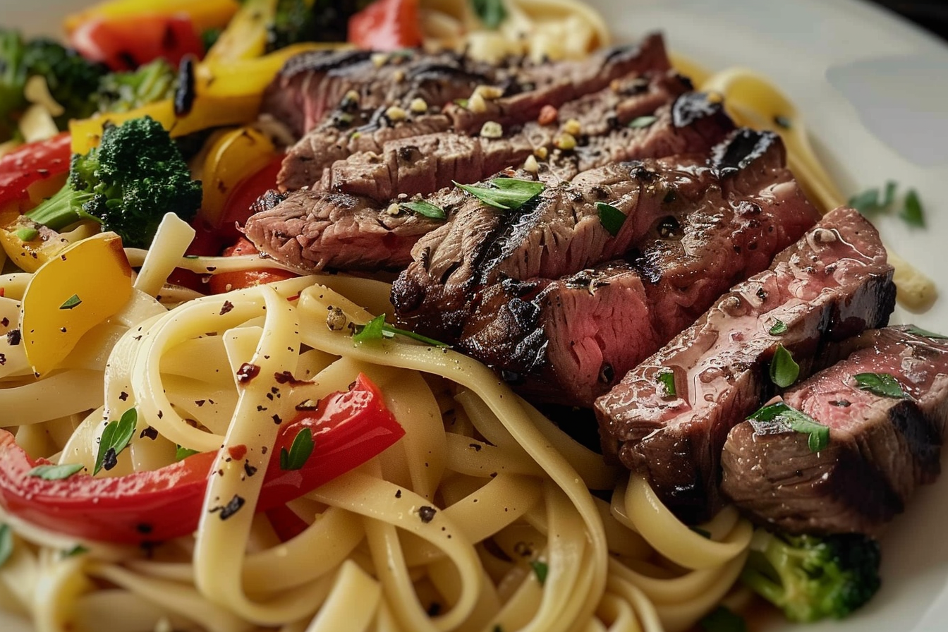 Creamy Veggie Fettuccine with Juicy Steak