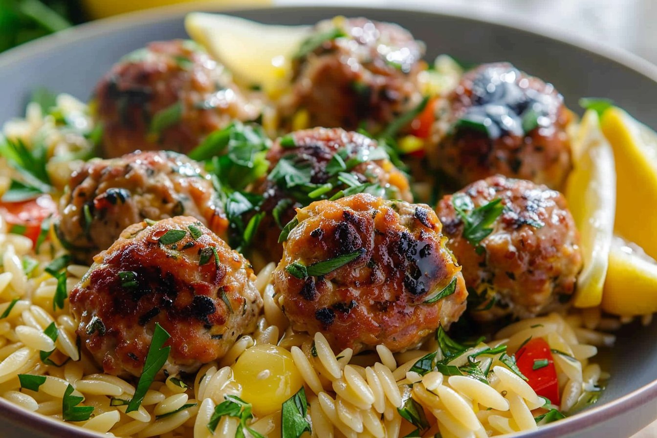 Greek Chicken Meatballs with Lemon Orzo