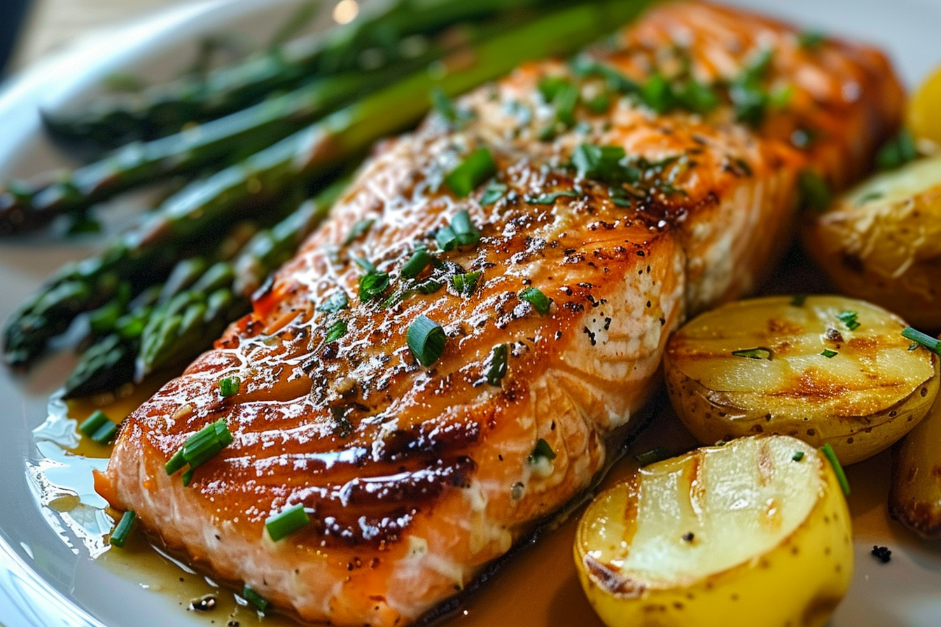 Grilled Salmon with Fried Asparagus and Potatoes