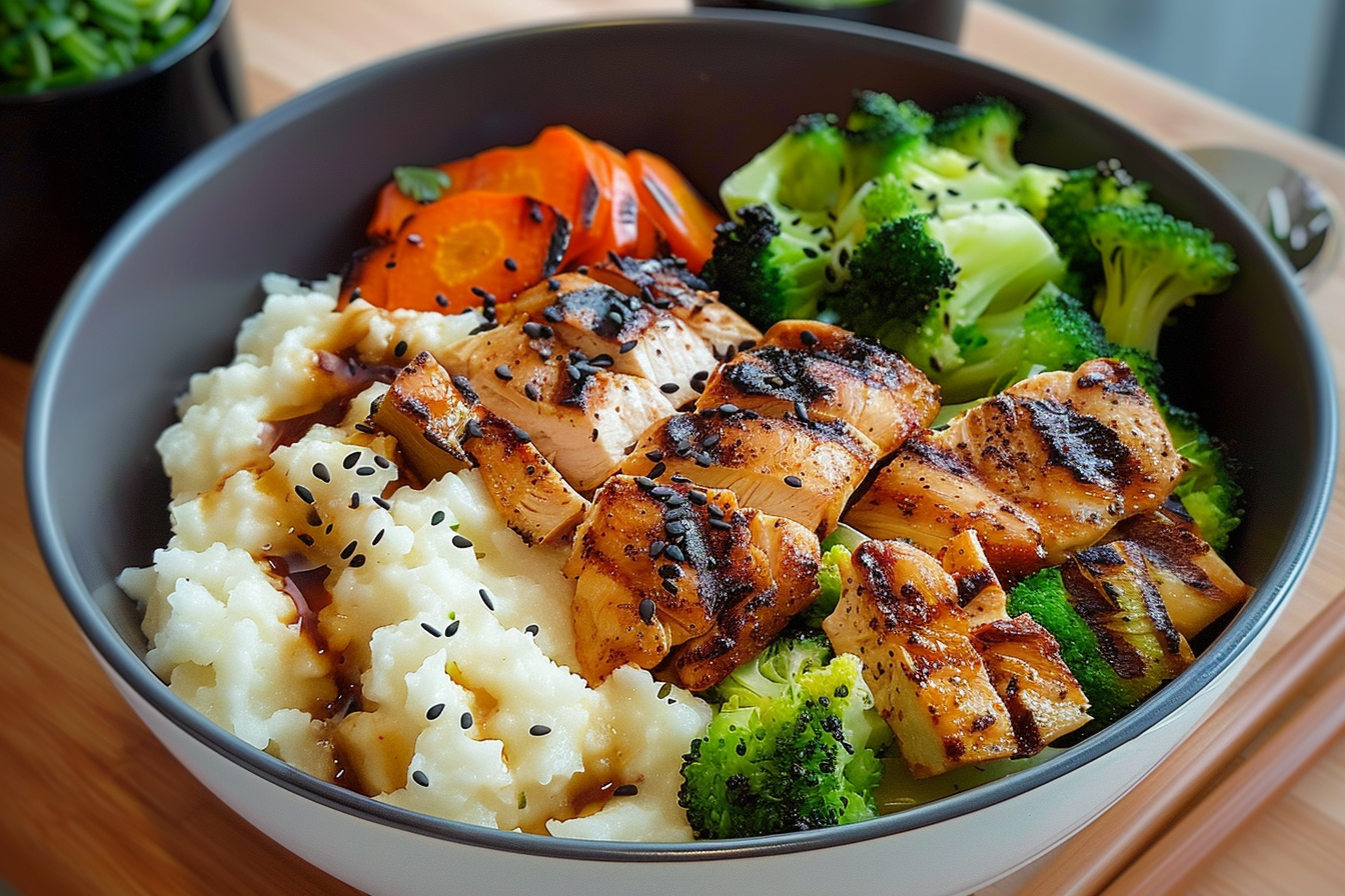 Grilled Chicken & Veggie Zen Bowl with Creamy Mash & Fluffy Rice