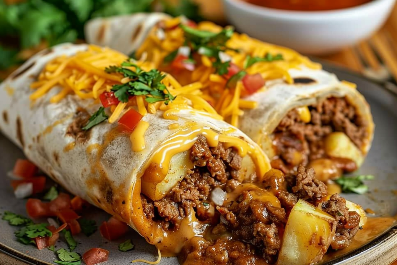 Cheesy Beef and Potato Burritos with Nacho Sauce