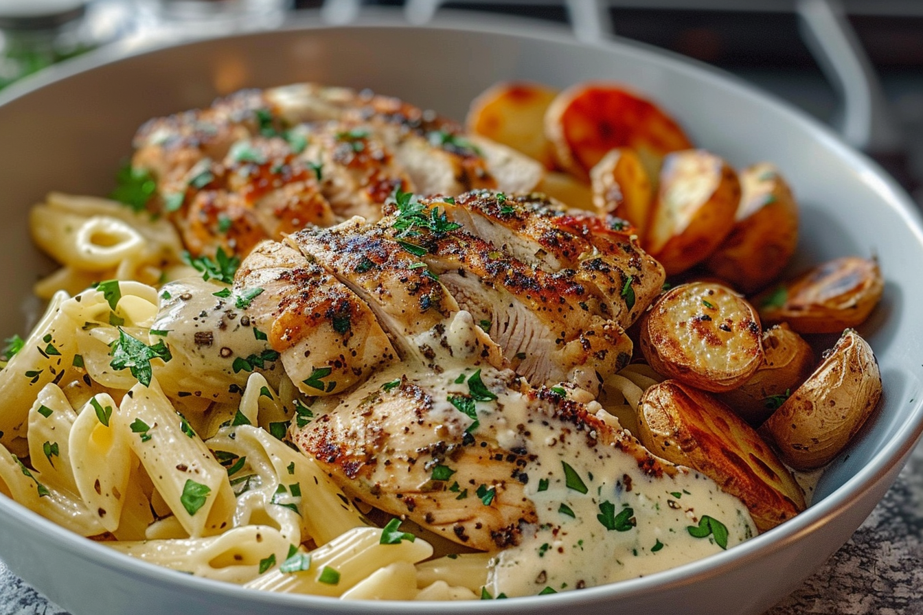 Creamy Garlic Herb Chicken And Crispy Potato Pasta Bowl