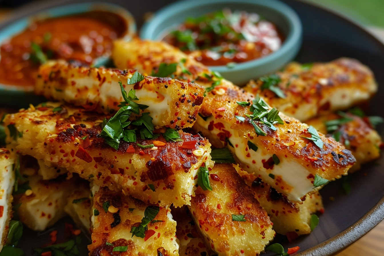 Stuffed Halloumi Fries with Harissa Yogurt Dip