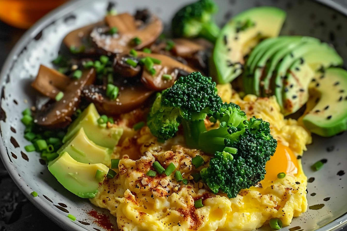 Scrambled Eggs with Sautéed Mushrooms Broccoli and Avocado
