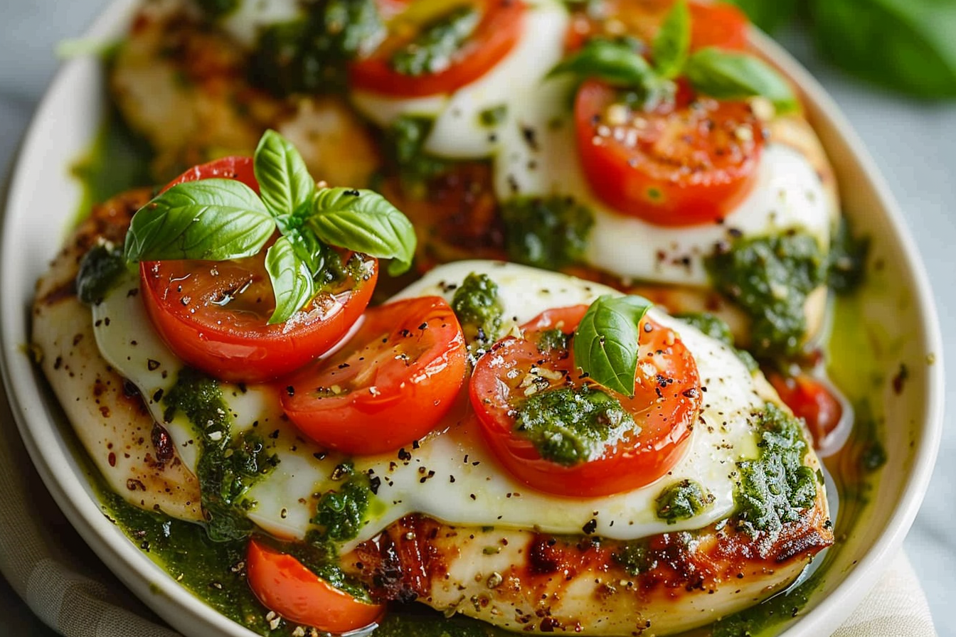 Pesto Mozzarella Chicken with Tomato Basil Topping