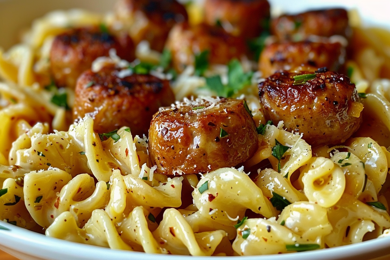 Garlic Butter Sausage Bites with Creamy Parmesan Pasta