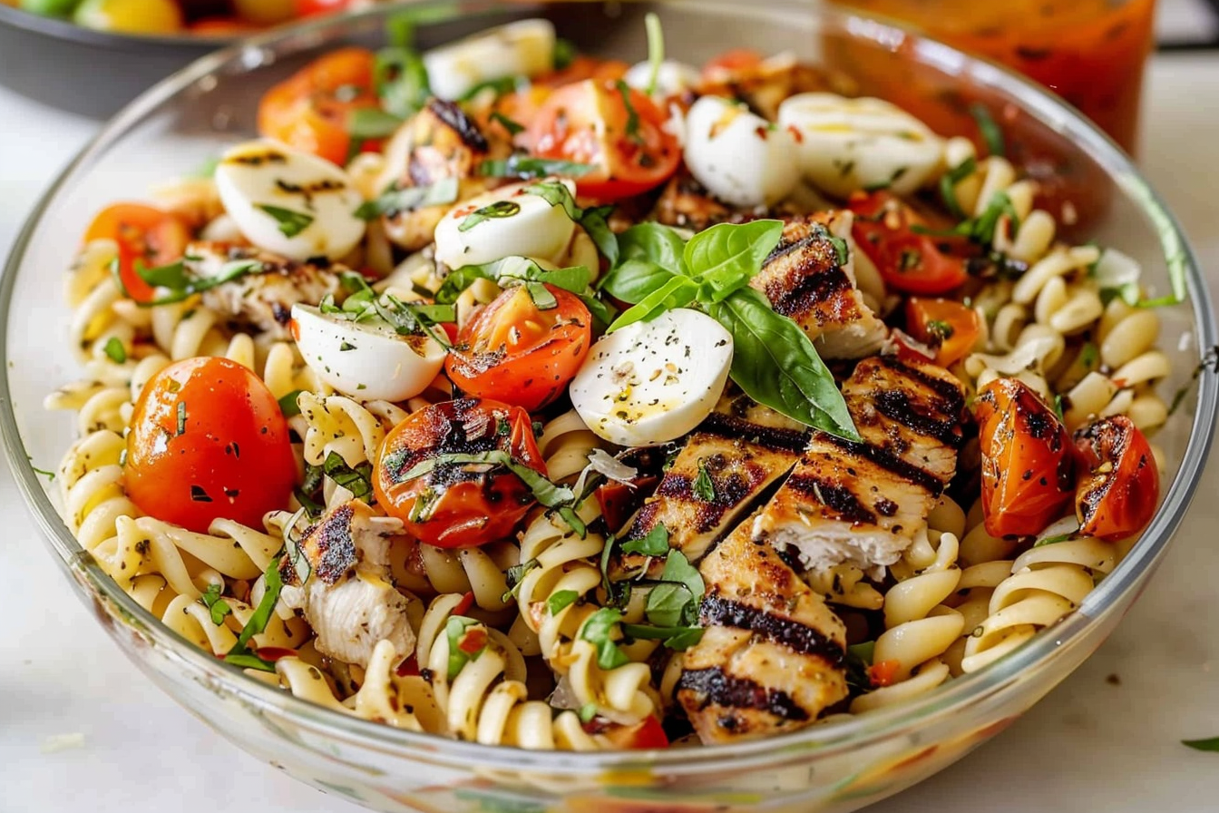 Layered Grilled Chicken Caprese Pasta Salad