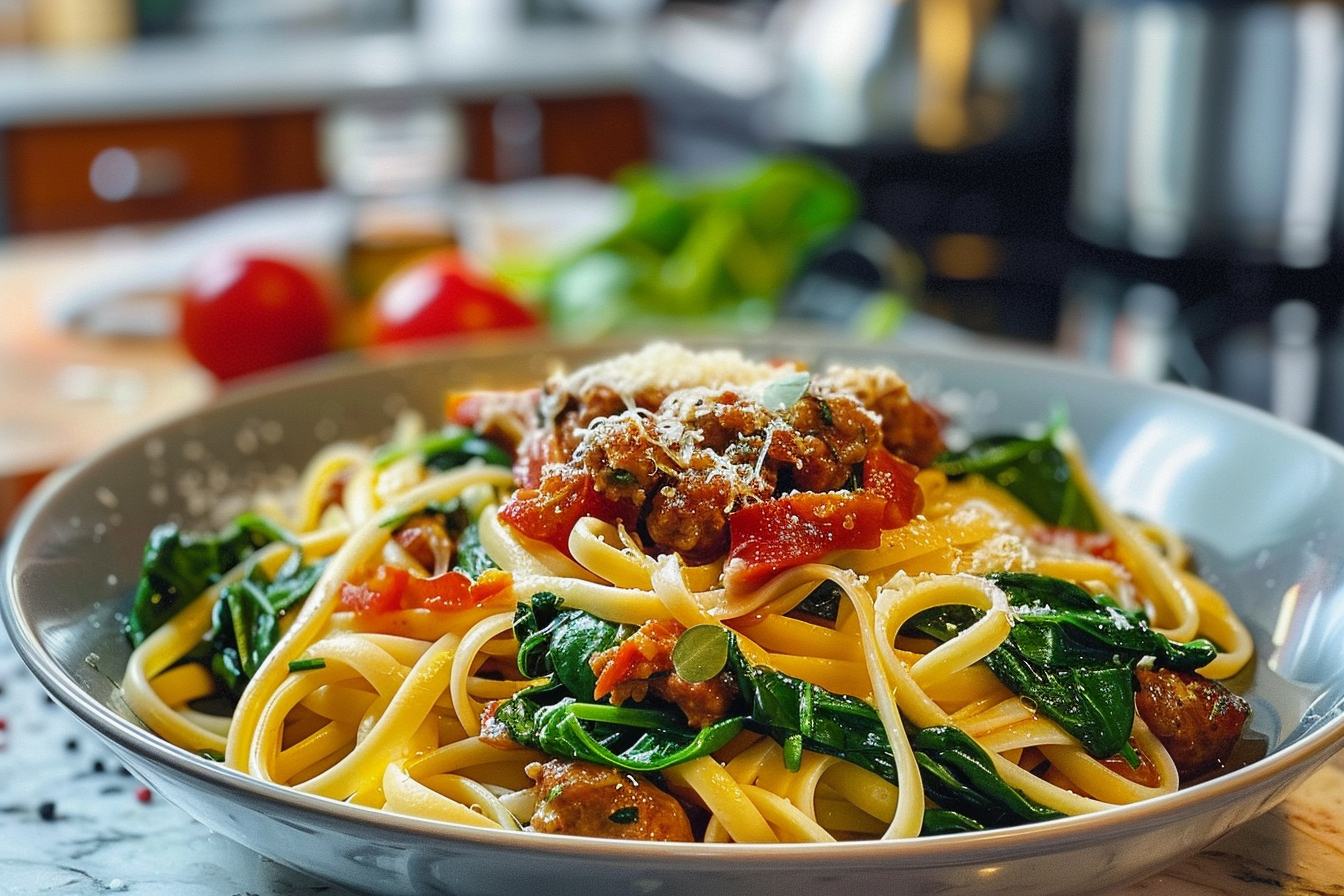 Cheesy Garlic Butter Linguine with Beef Sausage & Spinach
