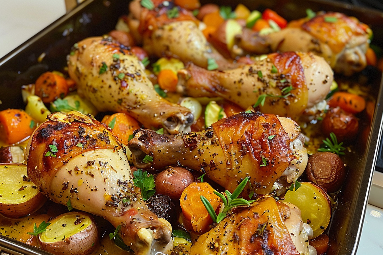 Herb Roasted Chicken Drumsticks with Veggie Medley