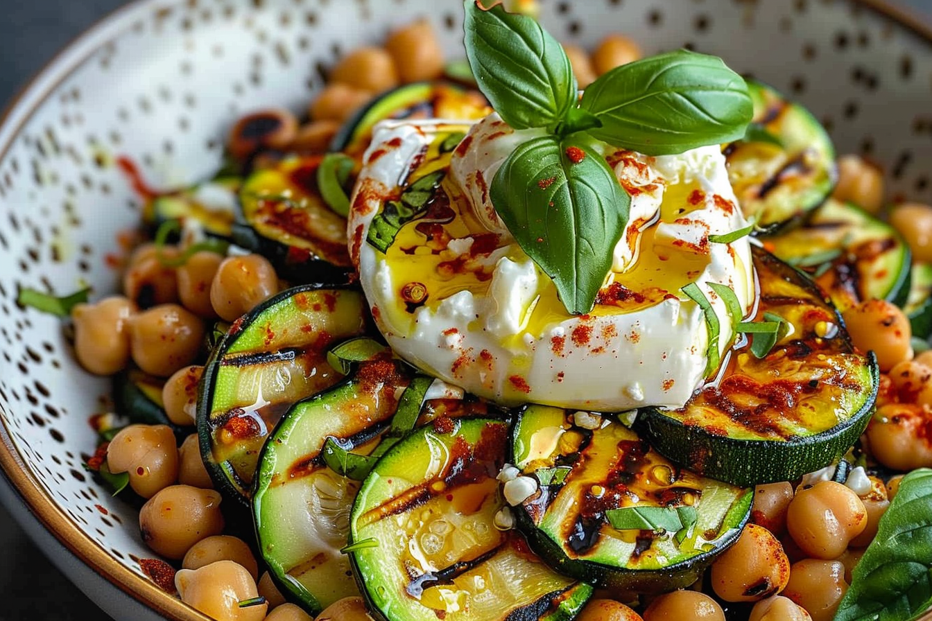 Grilled Zucchini Chickpea Salad with Burrata and Chilli Oil