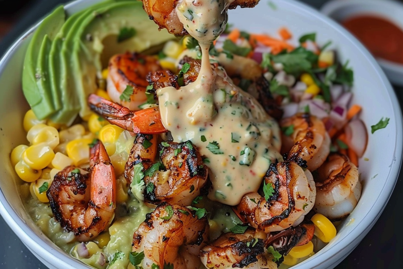 Grilled Shrimp Bowl with Avocado Corn Salsa and Creamy Sauce