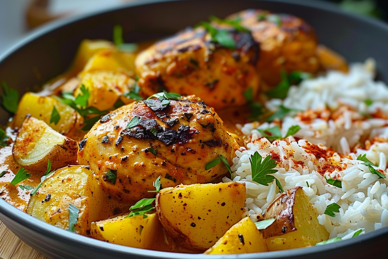Creamy Spiced Chicken with Roasted Potatoes and Fluffy Rice