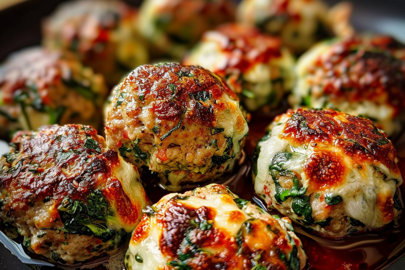 Spinach Garlic Meatballs Stuffed with Mozzarella