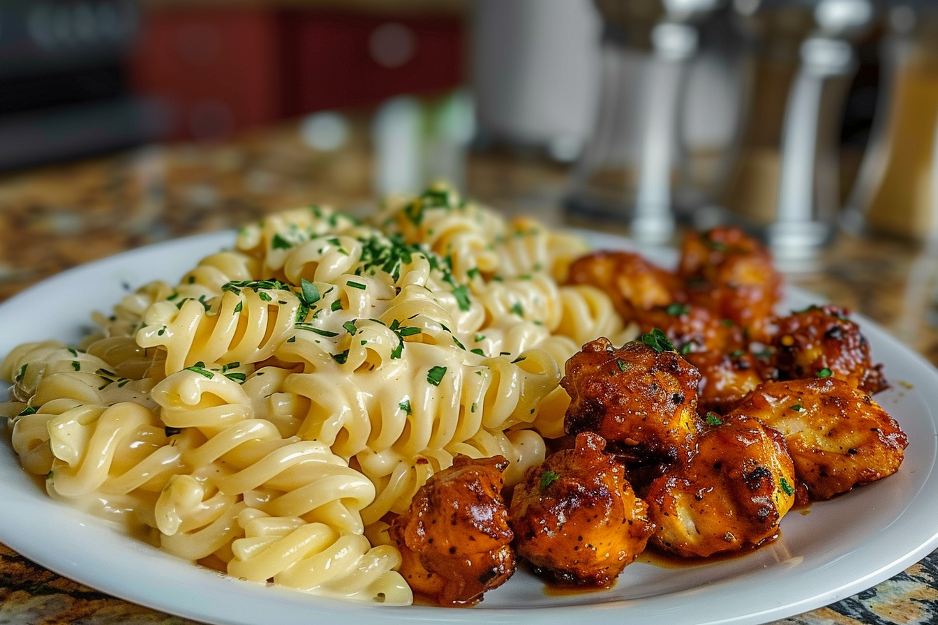 Garlic Butter Chicken Bites & Spicy Cajun Alfredo Twisted Pasta
