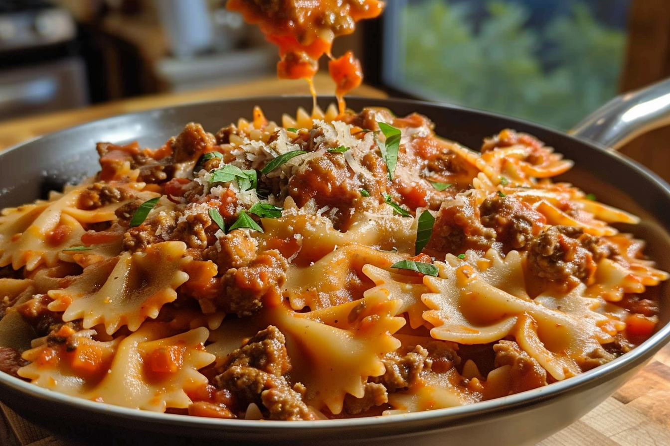 Creamy Bowtie Pasta with Beef Marinara