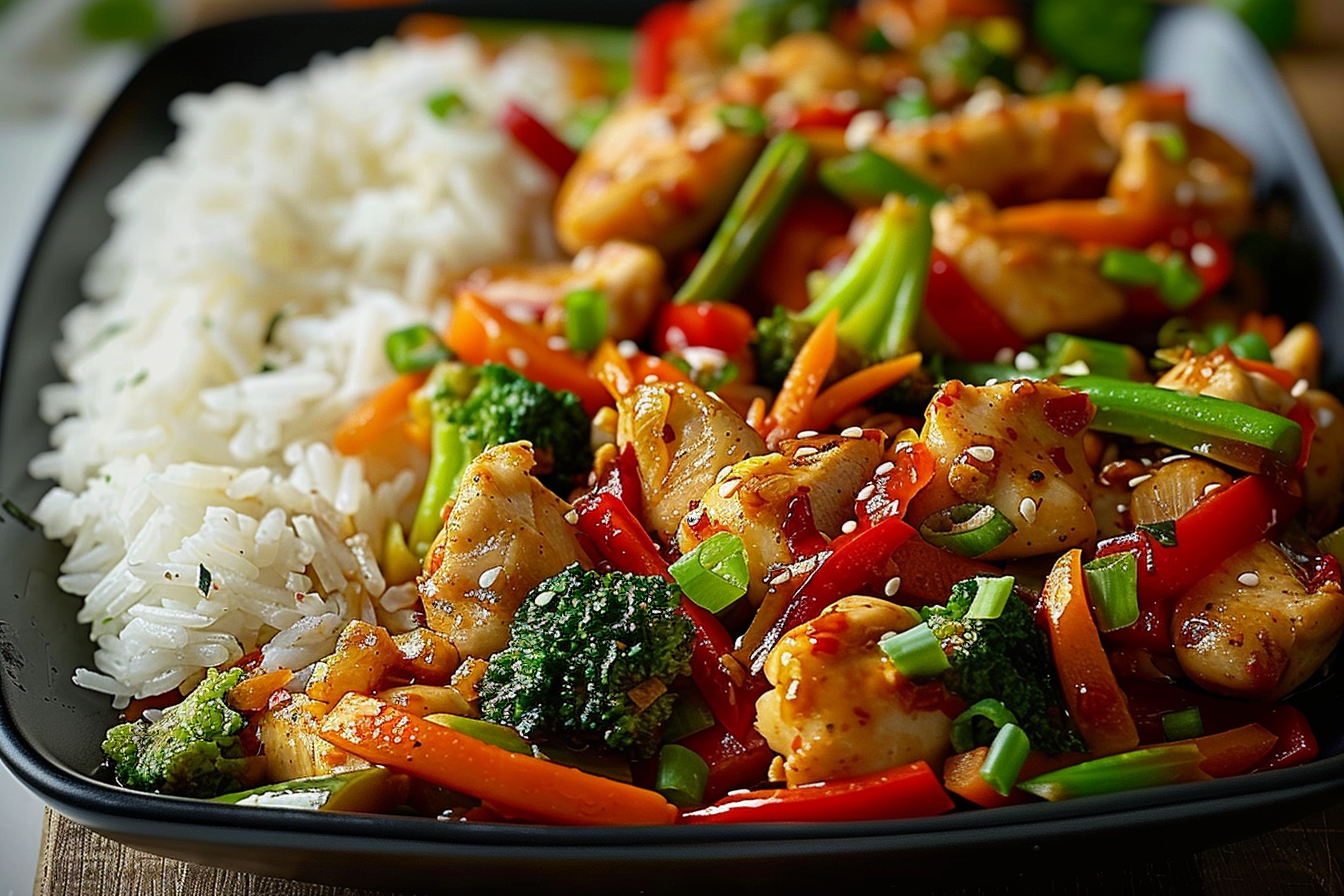 Crazy Good Spicy Chicken Stir-Fry with Veggies and Steamed Rice